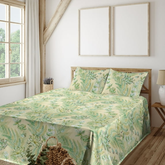 Ambesonne Greenery Fitted & Flat Sheet with Shams 4 Pcs Set, Lotus and Fern Leaves Art, Calking, Peacock Green Fern Green