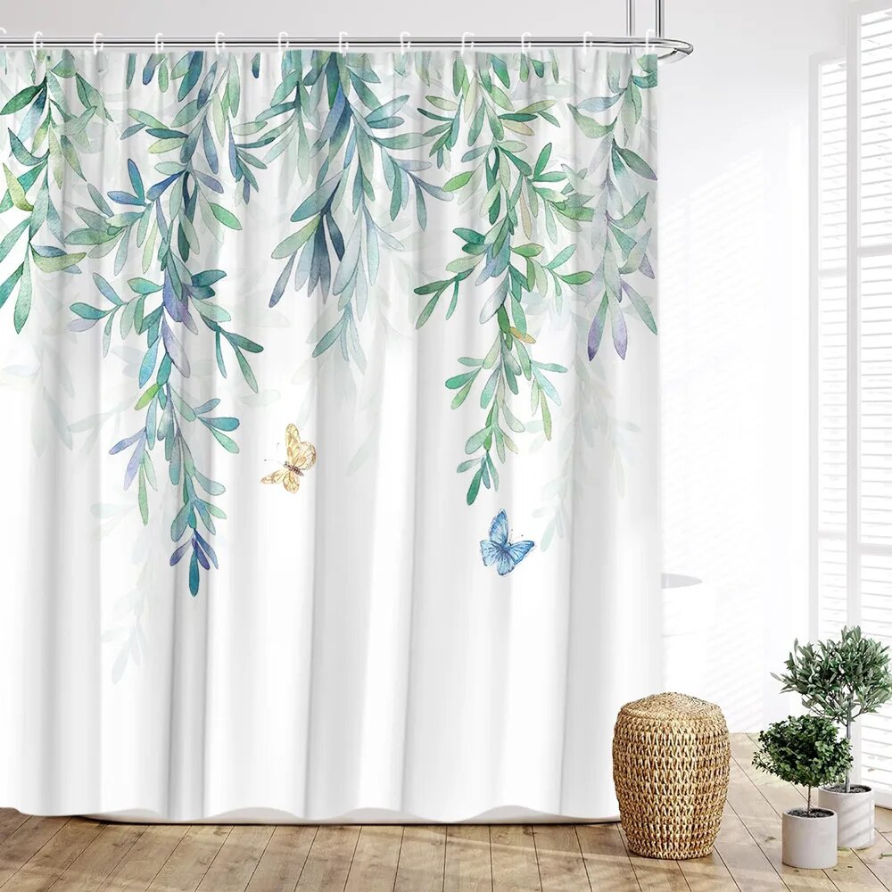 Greenery Shower Curtain Plant Leaves Palm Leaves Spring Flowers