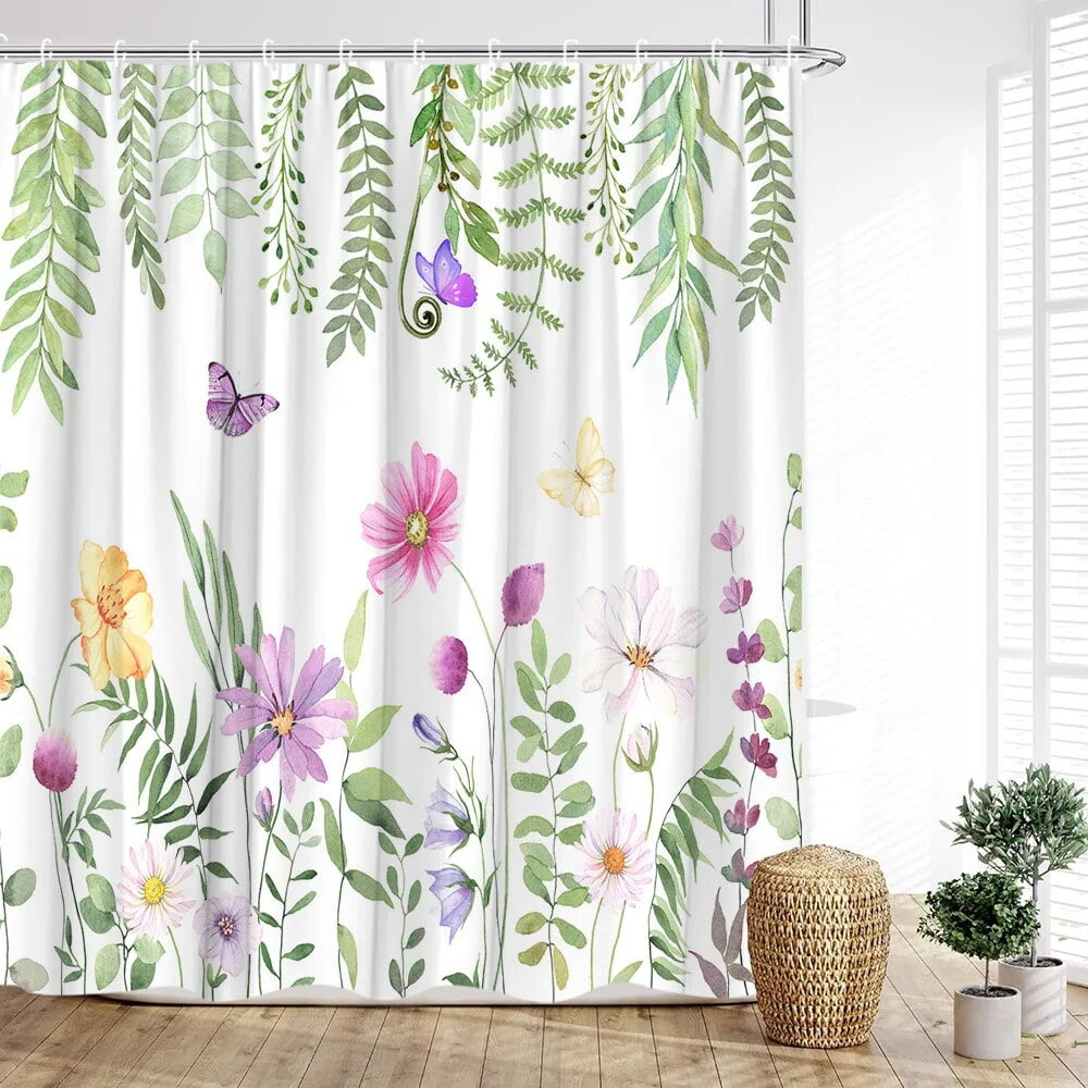 Greenery Shower Curtain Spring Flower Botanical Farm Butterfly