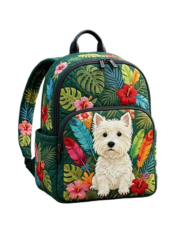 Greenery Westie Dog Quilted Backpack Fashion Casual Daypack Travel Bag Outdoor Packsack