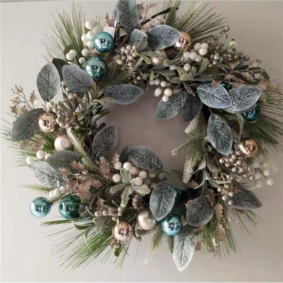 Greenery, White Berries & Gold & Blue Balls Wreath