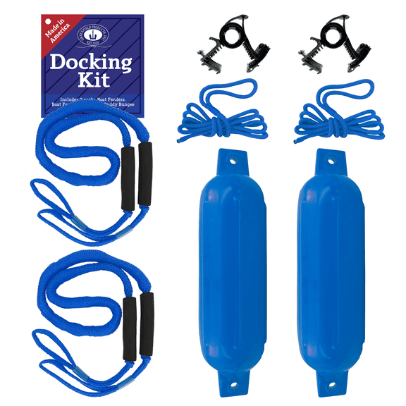 Greenfield Boat Fender Dock Kit 2-Pack with Bungee Dock Lines and Rope Locks, 4.5 in, Royal Blue