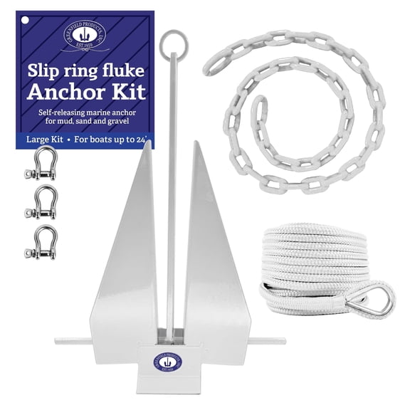 Greenfield Complete Fluke Anchor Kit – USA-Made White Anchor, Chain, 100ft Rope & Shackles | For Boats up to 24ft