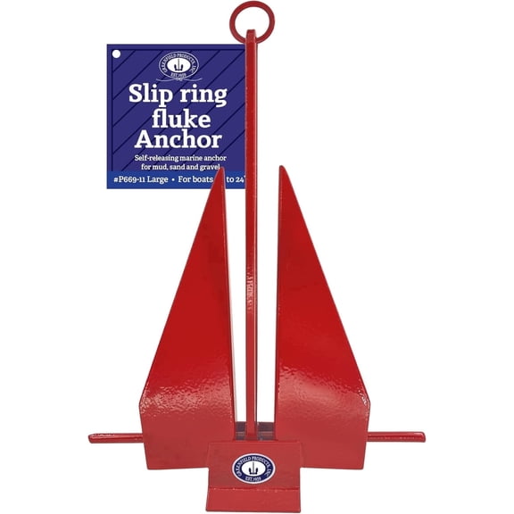 Greenfield Fluke Anchor, American-Made, Slip-Ring Design, For Boats up to 24', Red Coated