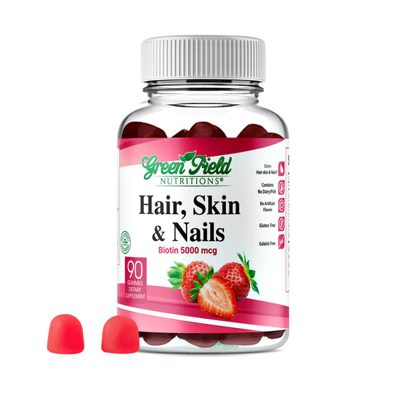 Greenfield Nutritions - Halal Gummies Hair, Skin and Nails Vitamins (5000 mcg Halal Biotin) , 90 Gummies