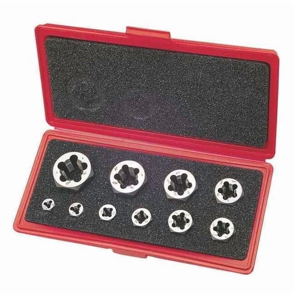 10pc Carbon Steel Hexagon Rethreading Die Set 377 Greenfield Threading, 1/4-20 to 1-8 UNC