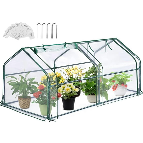 Greengro Mini Greenhouse, 71" x 36" x 36" Portable Greenhouses for Outdoors with Roll-up Zipper Door, Ground Stakes & 20 T-Shaped Plant Tags, Waterproof UV-Resistant Green House for Indoor