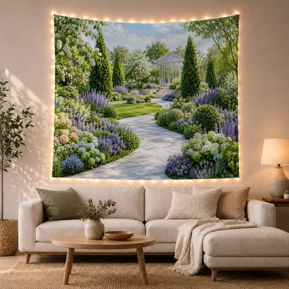 Greenhouse Beyond a Lavender Path, Romantic Illustration for Garden Lovers, English Estate Decor, Housewarming Gift, Tapestry Wall Hanging for Living Room and Study Room