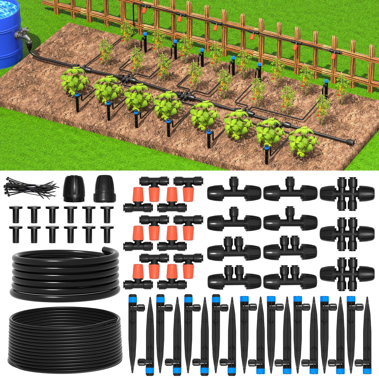 Greenhouse Drip Irrigation Kit Automatic System Patio Misting Plant Watering With 1/4 Inch 1/2 Tubing Hose Adjustable Nozzle Emitters Barbed Fittings