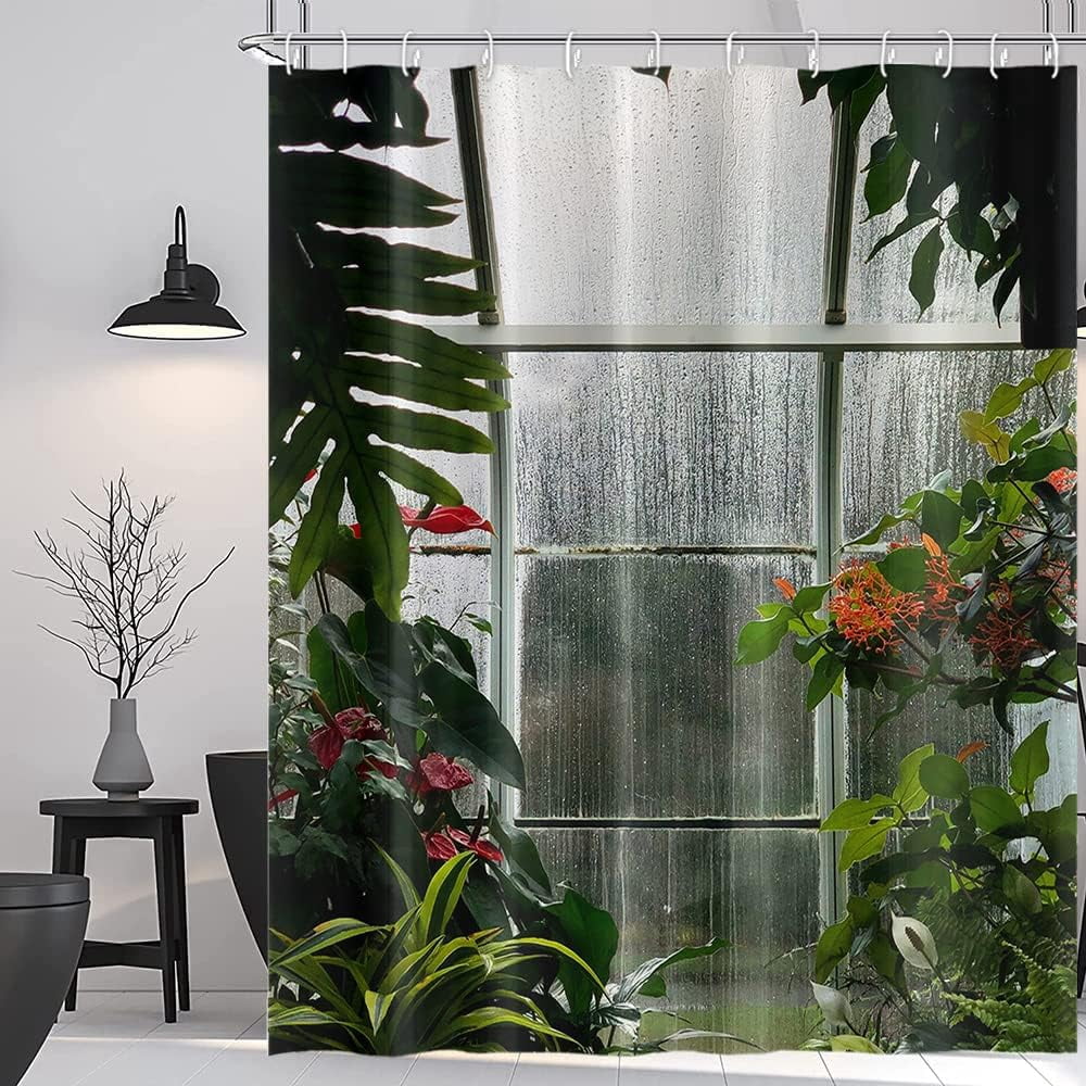 Greenhouse Flower Room Shower Curtains Spring Glass Flowers Green Plants Interior Garden Scenic Machine Washable Fabric Bathroom Curtains Set with Hooks, 72.00" x 72.00"