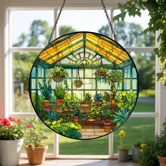 Greenhouse Garden Faux Glass Suncatcher, Plant Lover Window Hanging, 3.5 in
