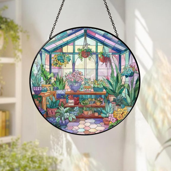 Greenhouse Garden Glass Suncatcher,Greenhouse Window Hanging,Floral Greenhouse,Plant Lover Gift,Gift For Plantaholic,Botanical Garden Decor, Suncatcher Window Hanging, 3.5 in