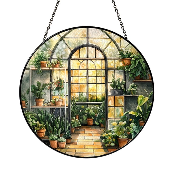 Greenhouse Garden Stained Glass Style Suncatcher, Botanical Window Hanging Decor, Decorative Plant Lover Art Panel for Indoor Garden Room, Colorful Floral Glass Ornament Home Accent