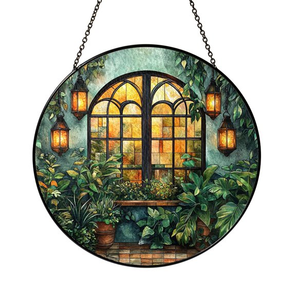 Greenhouse Gardener Stained Glass Window Hanging, Botanical Plant Lover Suncatcher With Conservatory Style Nature Decor