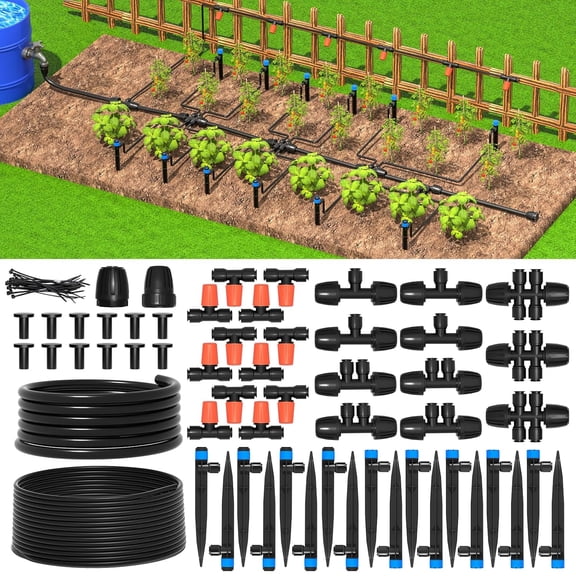 Greenhouse Micro Drip Irrigation Kit Automatic System Patio Misting Plant Watering with 1/4 inch 1/2 Tubing Hose Adjustable Nozzle Emitters Barbed Fittings