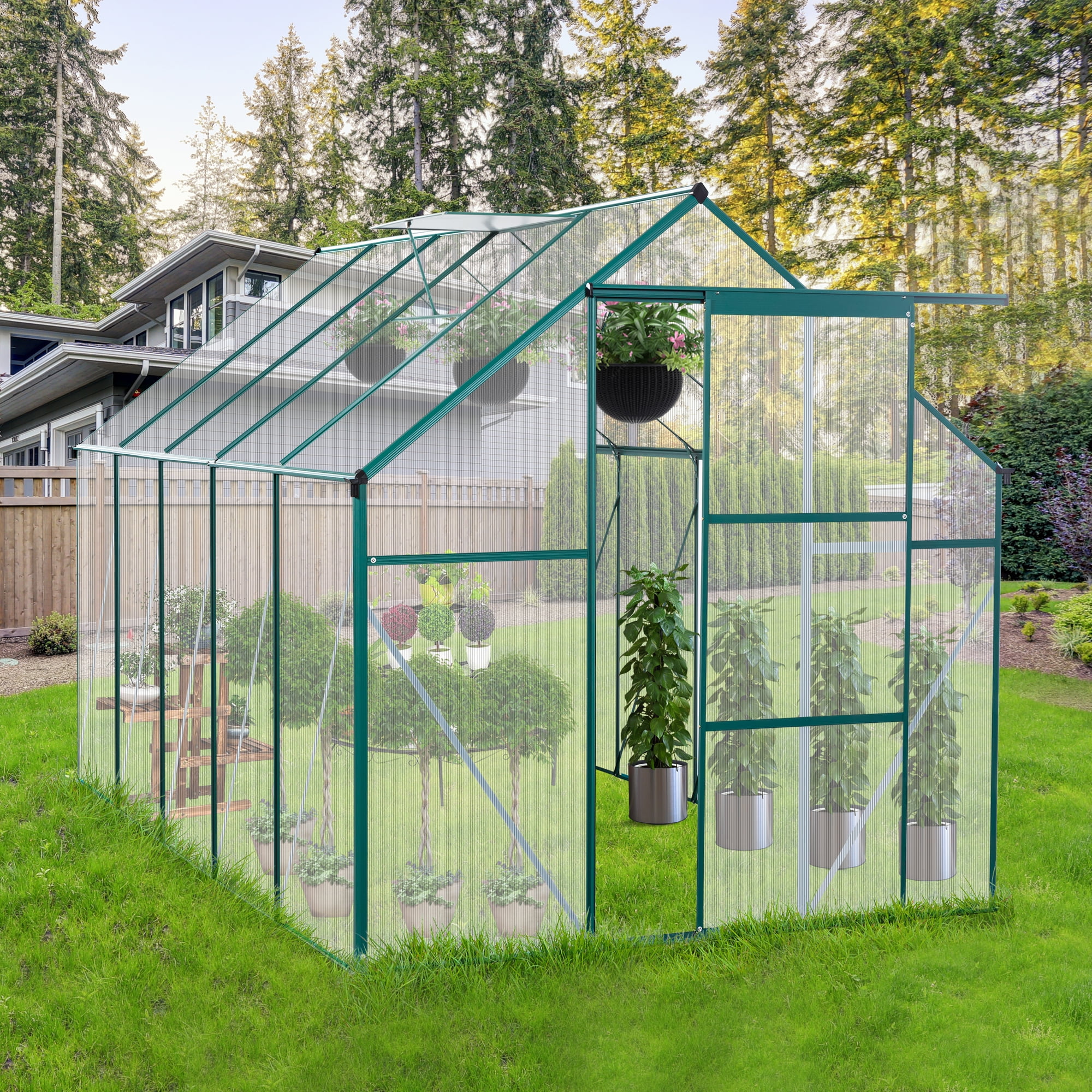 6' x 10' Green Polycarbonate and Aluminum Sliding Door Greenhouse