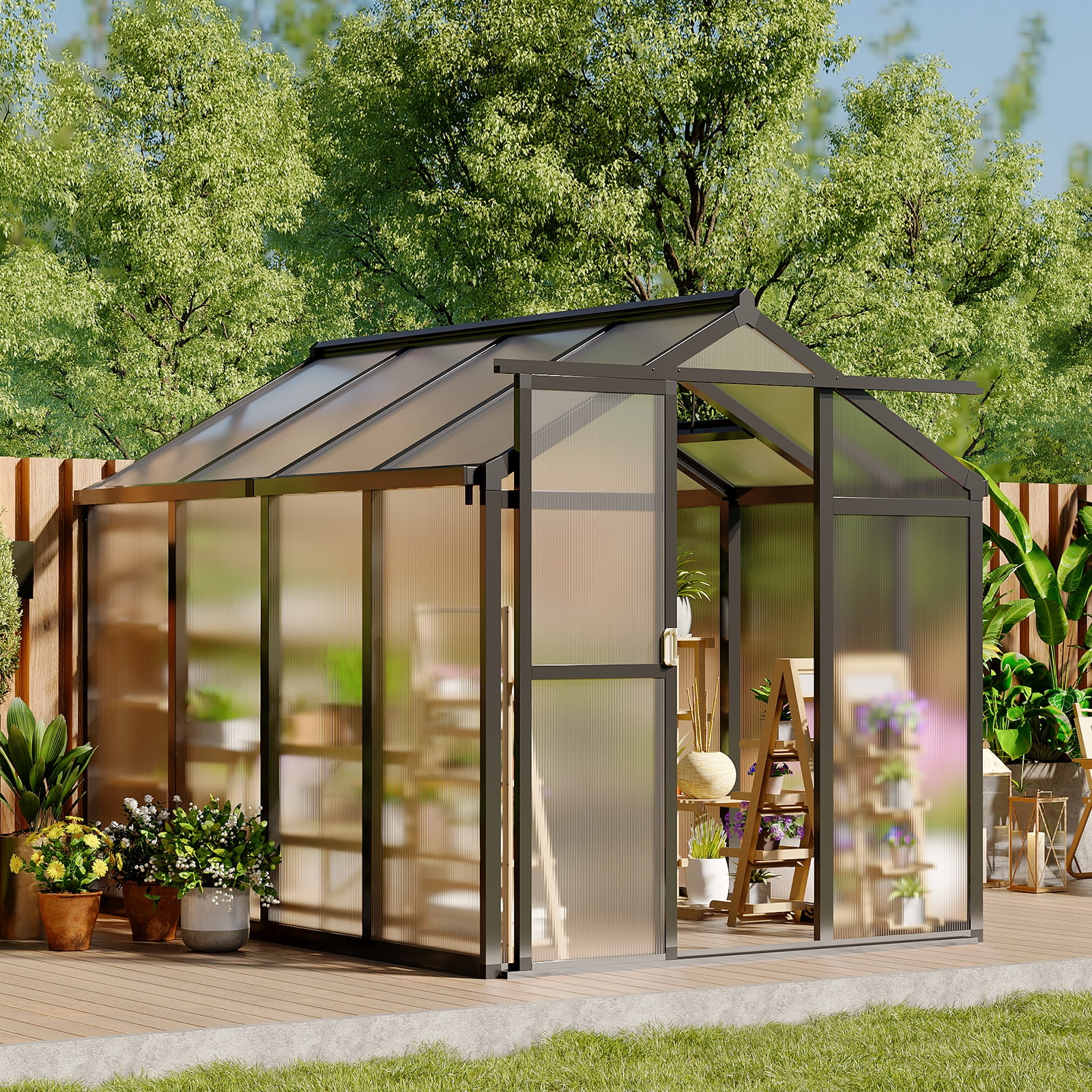 Greenhouse for Outdoors, Polycarbonate Greenhouse with Roof Vent, Sliding Lockable Door, Aluminum Large Walk-in Greenhouse for Outside Garden Backyard, Patio, Lawn, Black (Black, 6X8FT)