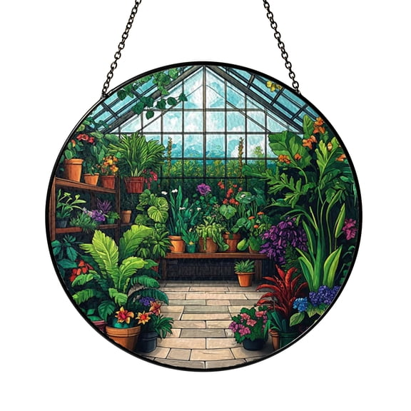 Greenhouse Plant Rectangular Stained Glass Style Window Suncatcher Hanging Decor, Botanical Decorative Glass Panel Art for Garden Window Decoration, Nature Plant Lover Ornament