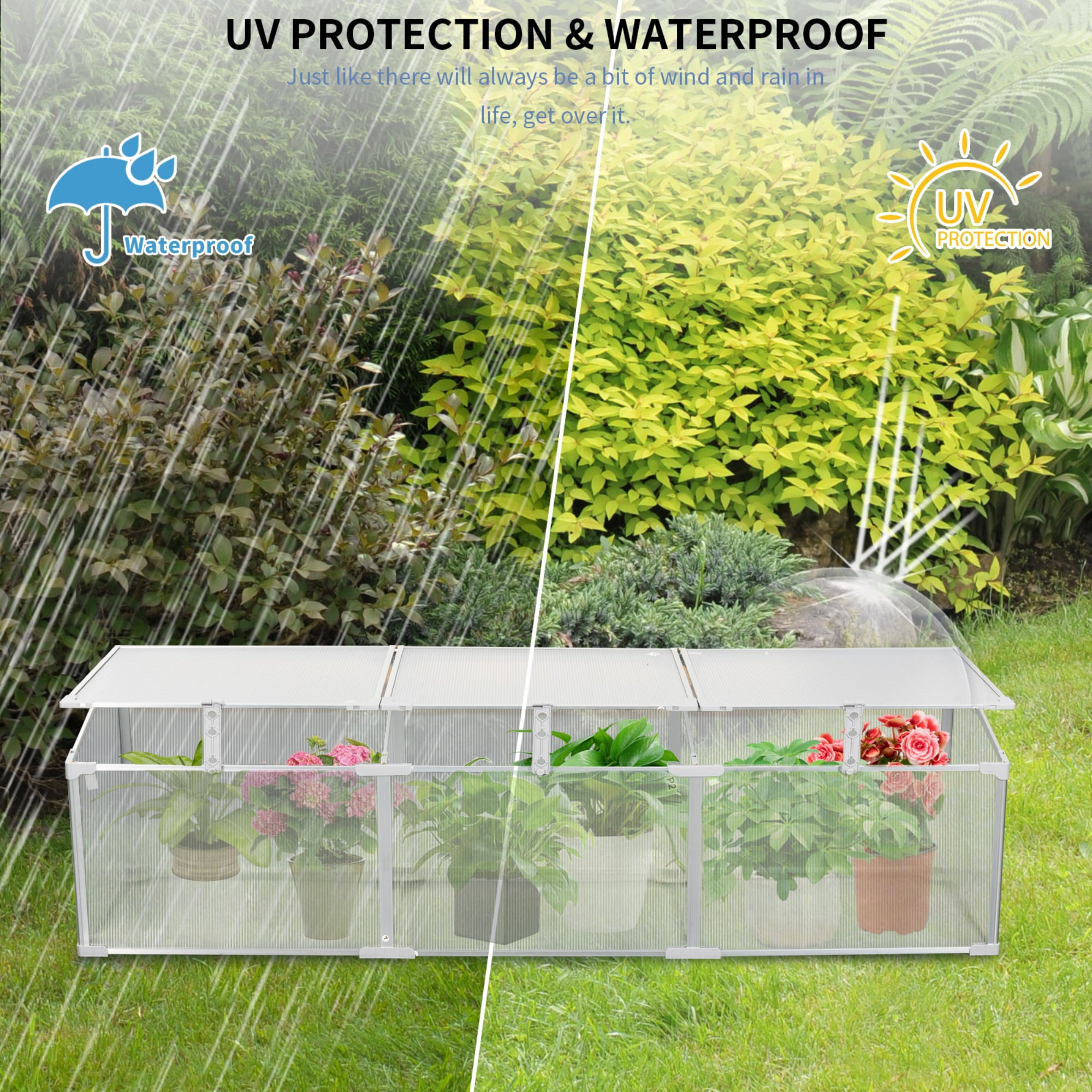 Greenhouse with Polycarbonate Panels and Aluminum Frame, Portable Outdoor Plant House and Garden Shelter with Openable Top for Winter Protection, Silver