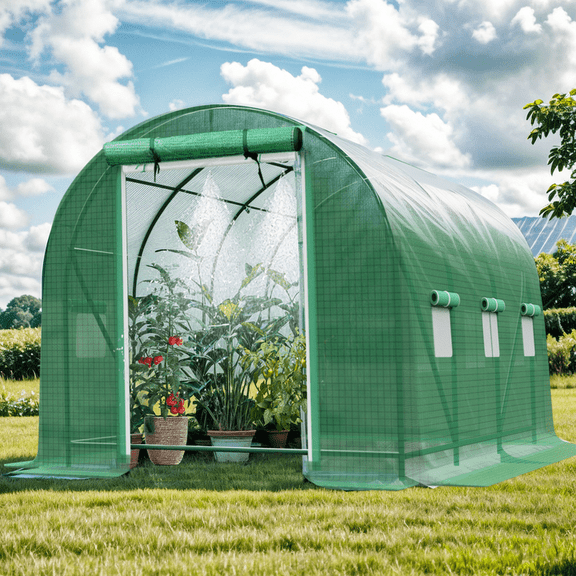 Greenhouse with Watering System, Large Walk-in Greenhouse Reinforced Metal Frame, 6 Screen Windows and 1 Door, Green House Irrigation Watering Kit for Garden Plants Flowers