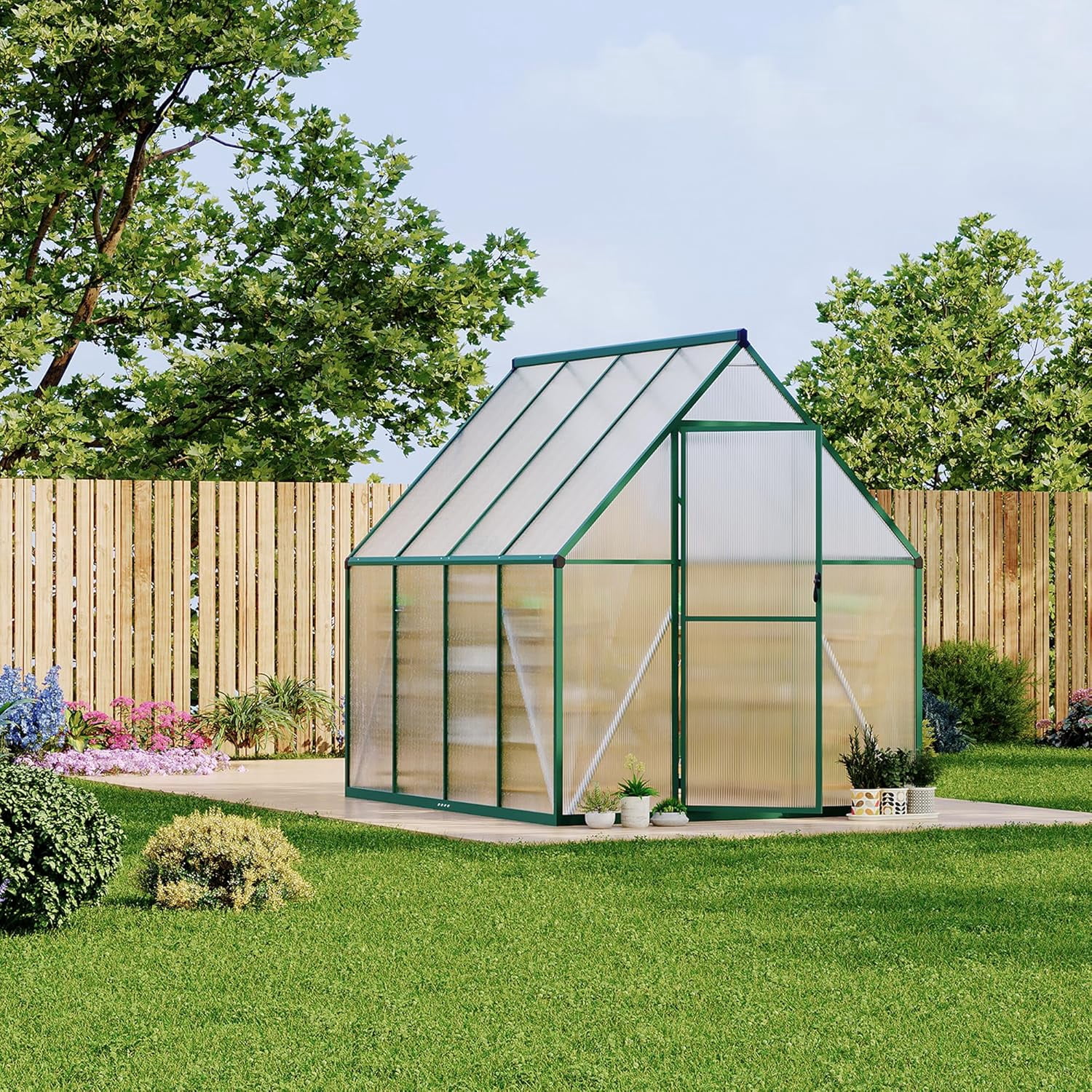 Greenhouse with Aluminum Frame, Polycarbonate Greenhouse for Outdoors, Greenhouses with Ventilation, Aluminum Large Walk-In Greenhouses, Green