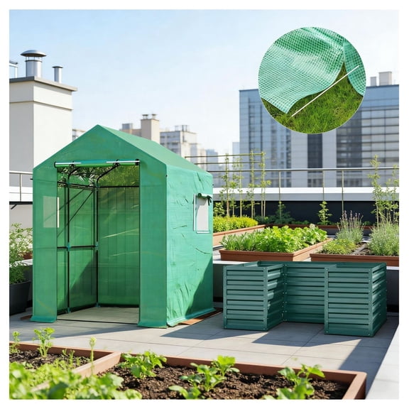 Greenhouse with Raised Garden Bed - 2-in-1 Outdoor Plant Grow House, Steel Frame, UV Resistant, Roll-Up Door & Windows, 55.5"x55.5"x74.8"