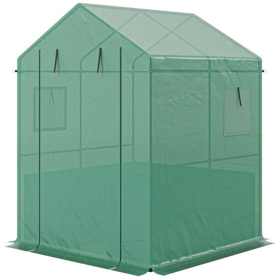 Greenhouse with Raised Garden Bed, Galvanized Steel Outdoor Greenhouse with Roll Up Door, 56" x 56" x 75", Green