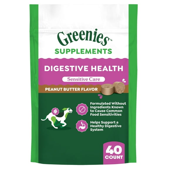 Greenies Digestive Health Sensitive Care Supplement for Dogs, Peanut Butter Flavor, 40 Count Pouch