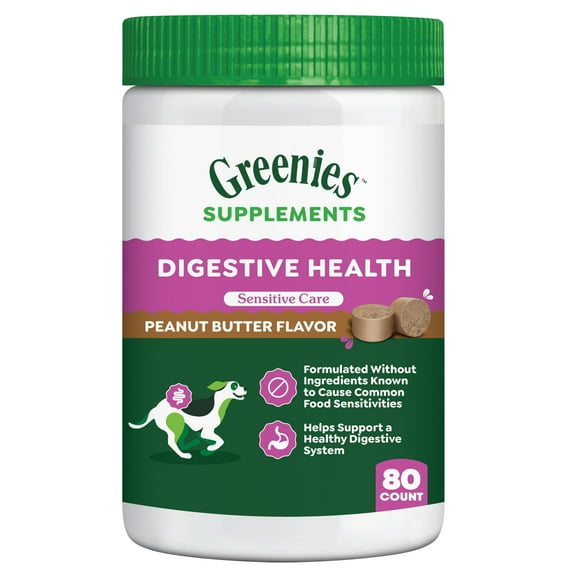 Greenies Digestive Health Sensitive Care Supplement for Dogs, Peanut Butter Flavor, 80 Count Tub