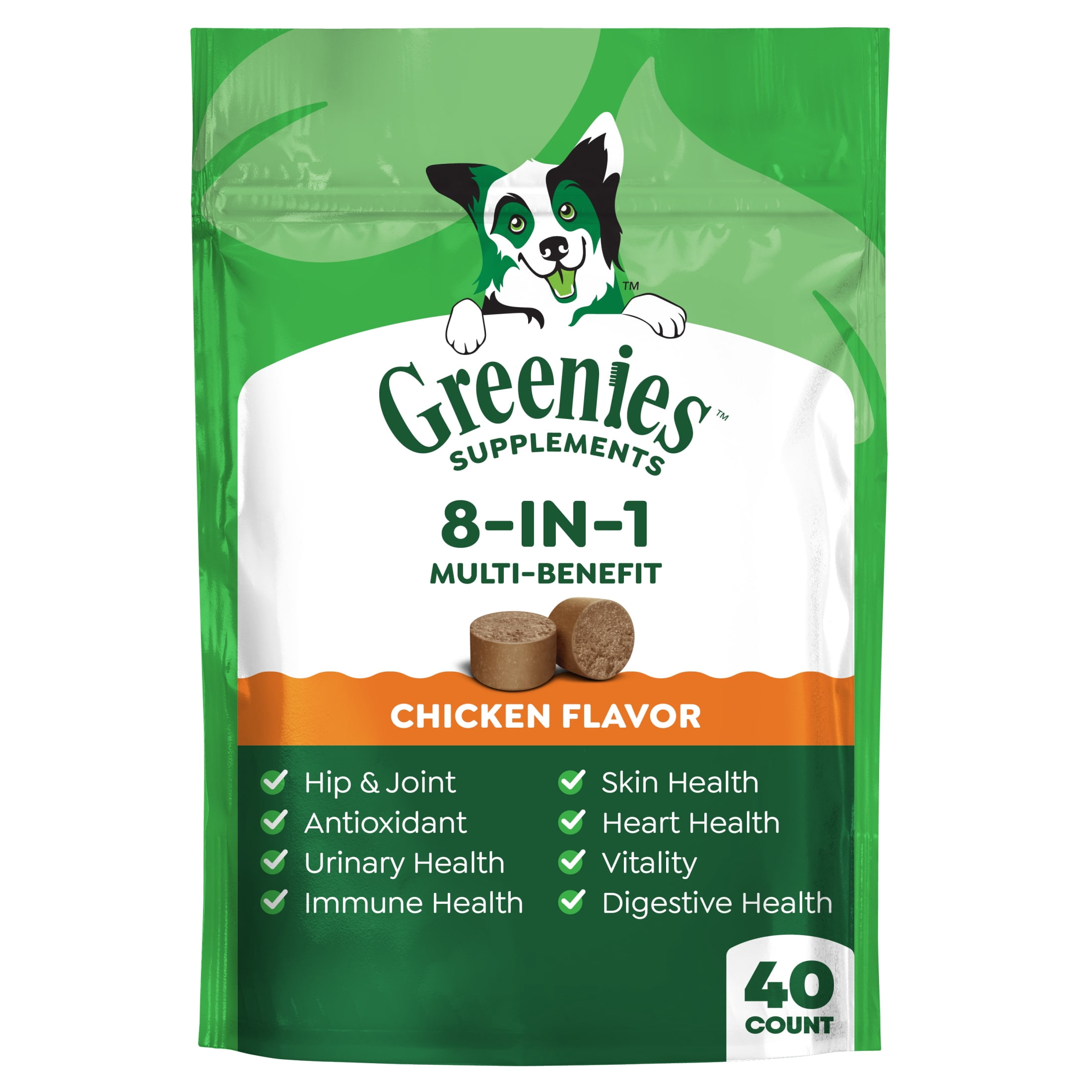 Greenies Supplements Chicken Flavor 8-in-1 Multi-Benefit Soft Dog Chews, 7.76 oz Pouch, 40 Count