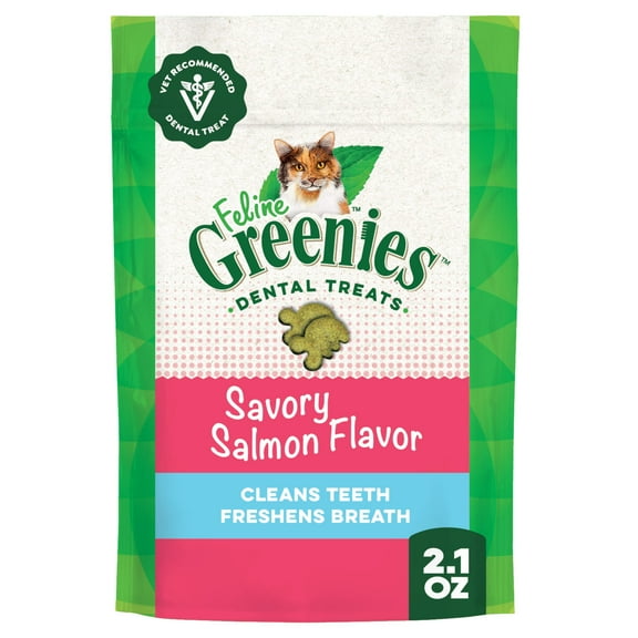 Greenies Feline Savory Salmon Flavor Adult Natural Dental Cat Treats, 2.1 oz Pouch
