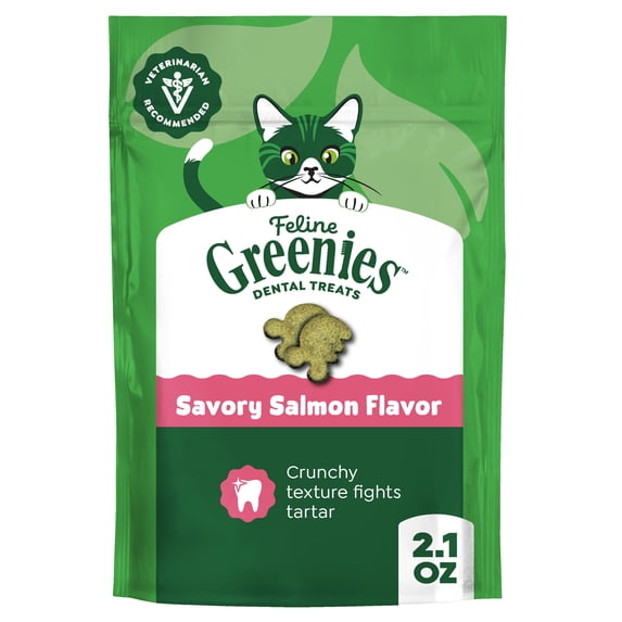 Greenies Feline Savory Salmon Flavor Adult Natural Dental Cat Treats, 2.1 oz Pouch