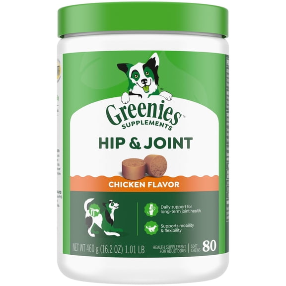 Greenies Supplements Chicken Flavor Hip and Joint Chews for Dogs, 16.2 oz Tub, 80 Count
