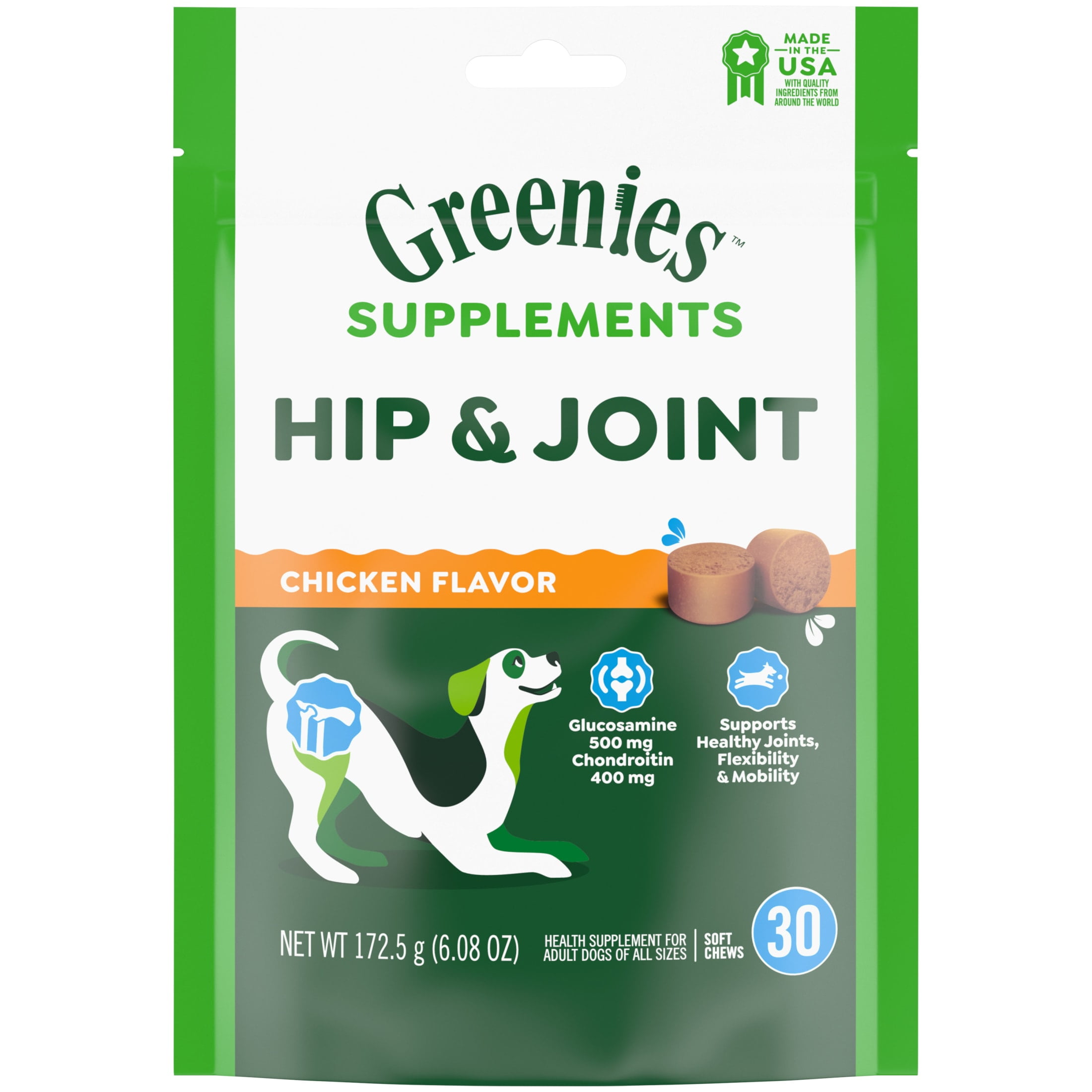 Greenies Hip and Joint Supplements for Dogs, Chicken Flavor, 6.08 oz, 30-Count Soft Chews