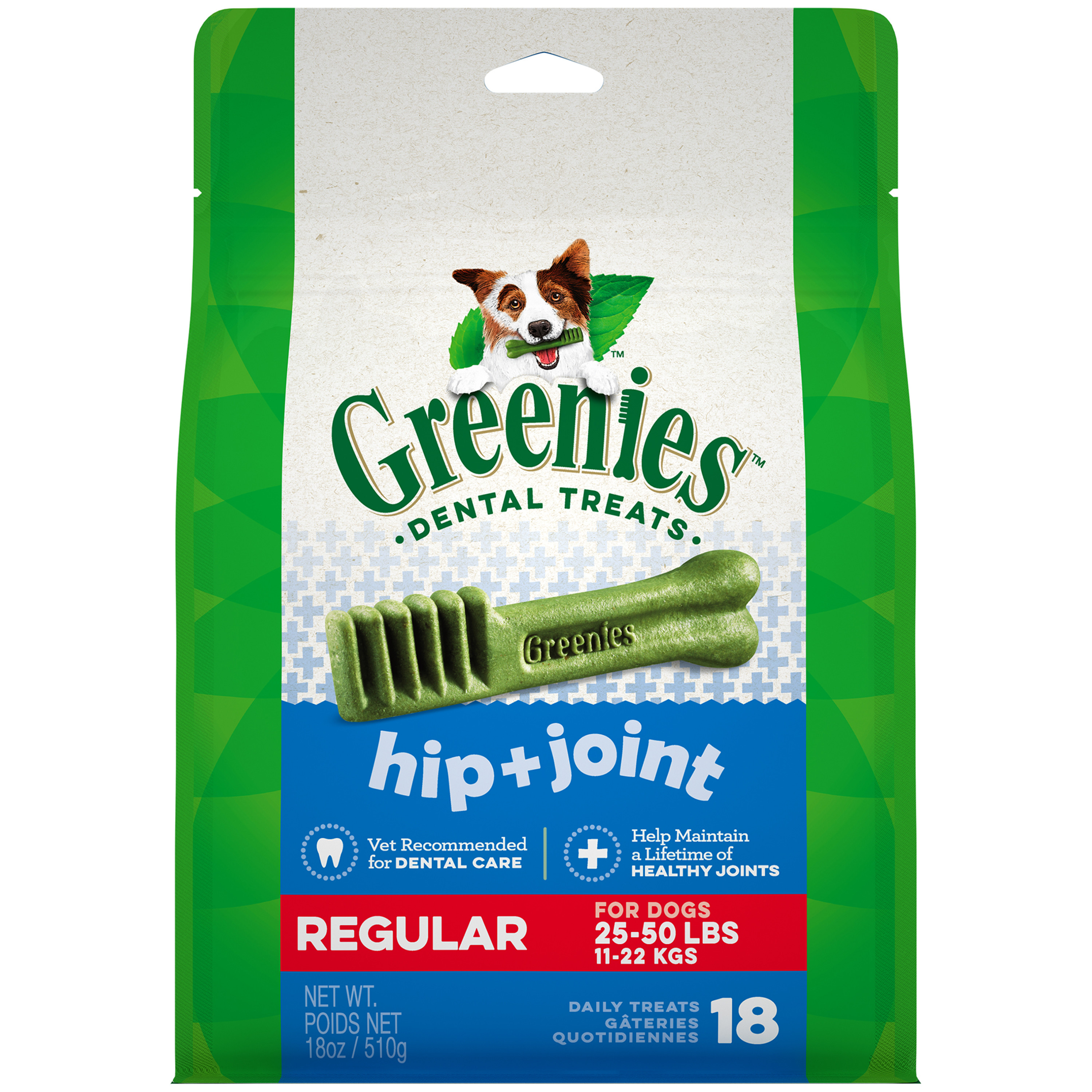 Greenies Hip and Joint Regular Dental Dog Treats, 18 oz. Pack (18 Treats)