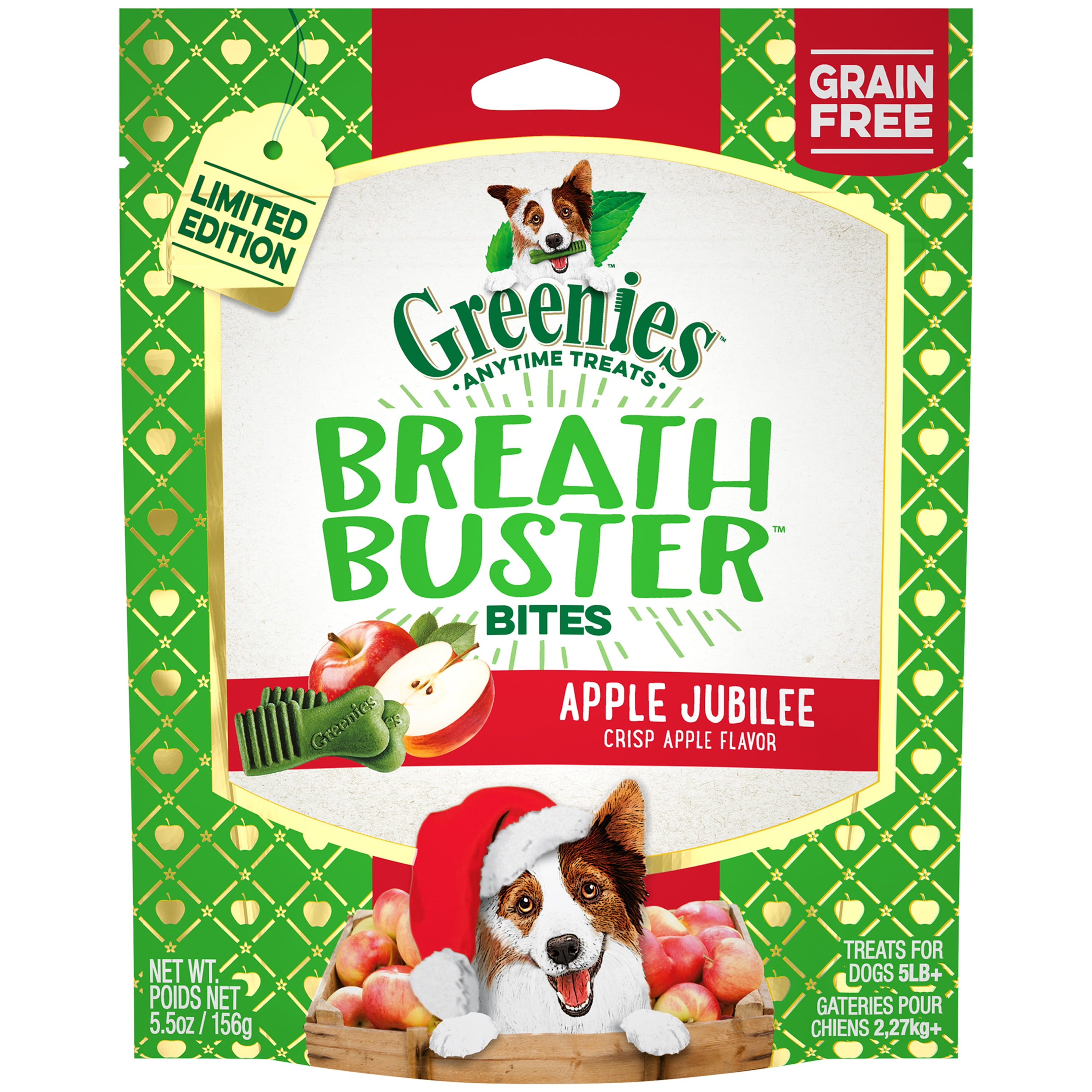 Greenies Limited Edition Holiday Packaging Breath Buster Bites Dog Treats Grain Free Jubilee Crisp Apple Flavor 5.5 oz. Bag