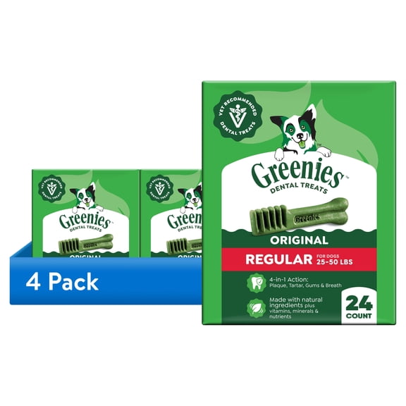 (4 pack) Greenies Original Flavor Regular Size Adult Natural Dental Dog Treats, 24 oz Pack