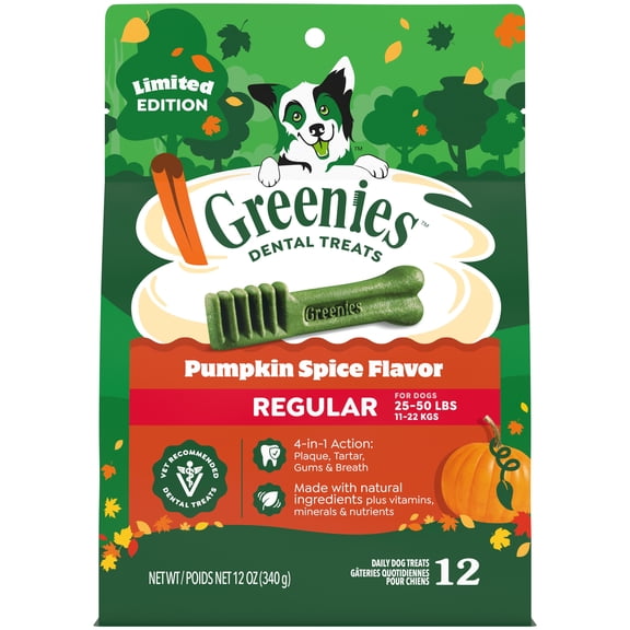 Greenies Pumpkin Spice Flavor Adult Natural Dental Dog Treats Regular Size, 12 oz Pack (12 Count)