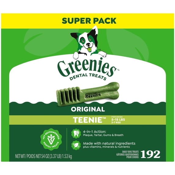 Greenies Original Flavor Adult Natural Dental Dog Treats Teenie Size, 54 oz Pack (192 Count)