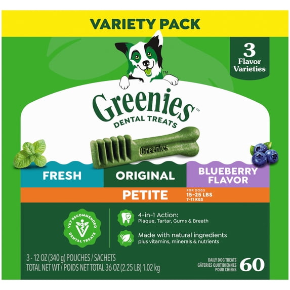 Greenies Adult Natural Dental Dog Treats 3 Flavors, Petite Size, (3) 12 oz Packs (60 Count)