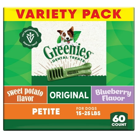 Greenies Adult Natural Dental Dog Treats 3 Flavors, Petite Size, (3) 12 oz Packs (60 Count)