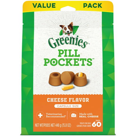 Greenies Pill Pockets Cheese Capsule Size Soft Treats for Dogs, 15.8 oz. Pouch, 60 ct, Shelf-Stable