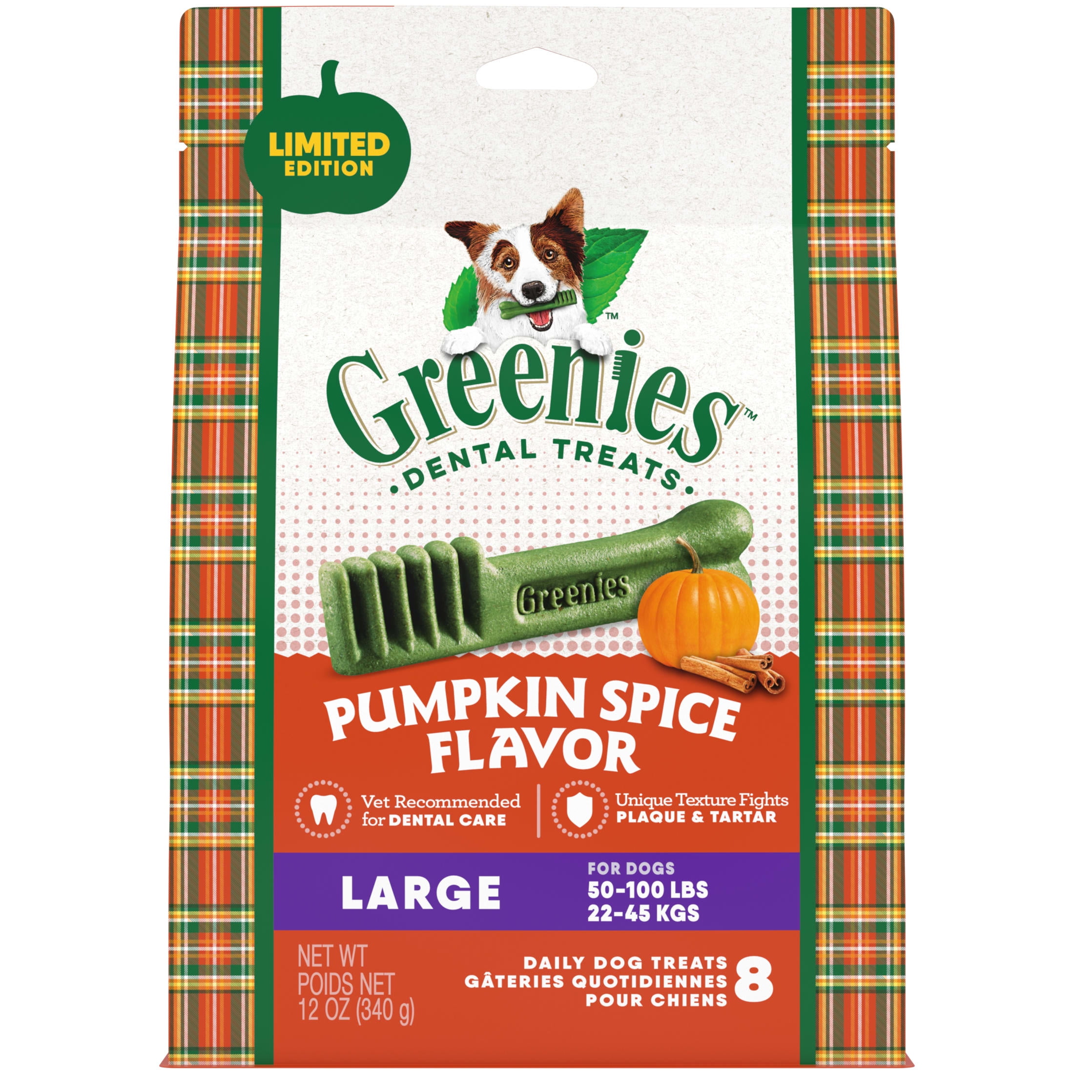 Greenies Pumpkin Spice Flavor Large Dog Dental Chews 12 Ounces 8 Treats