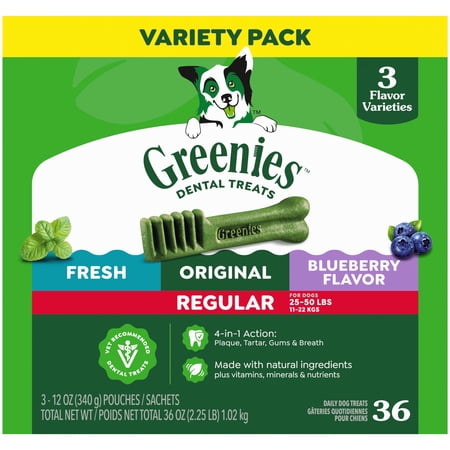 Greenies Adult Natural Dental Dog Treats 3 Flavors, Regular Size, (3) 12 oz Packs (36 Count)