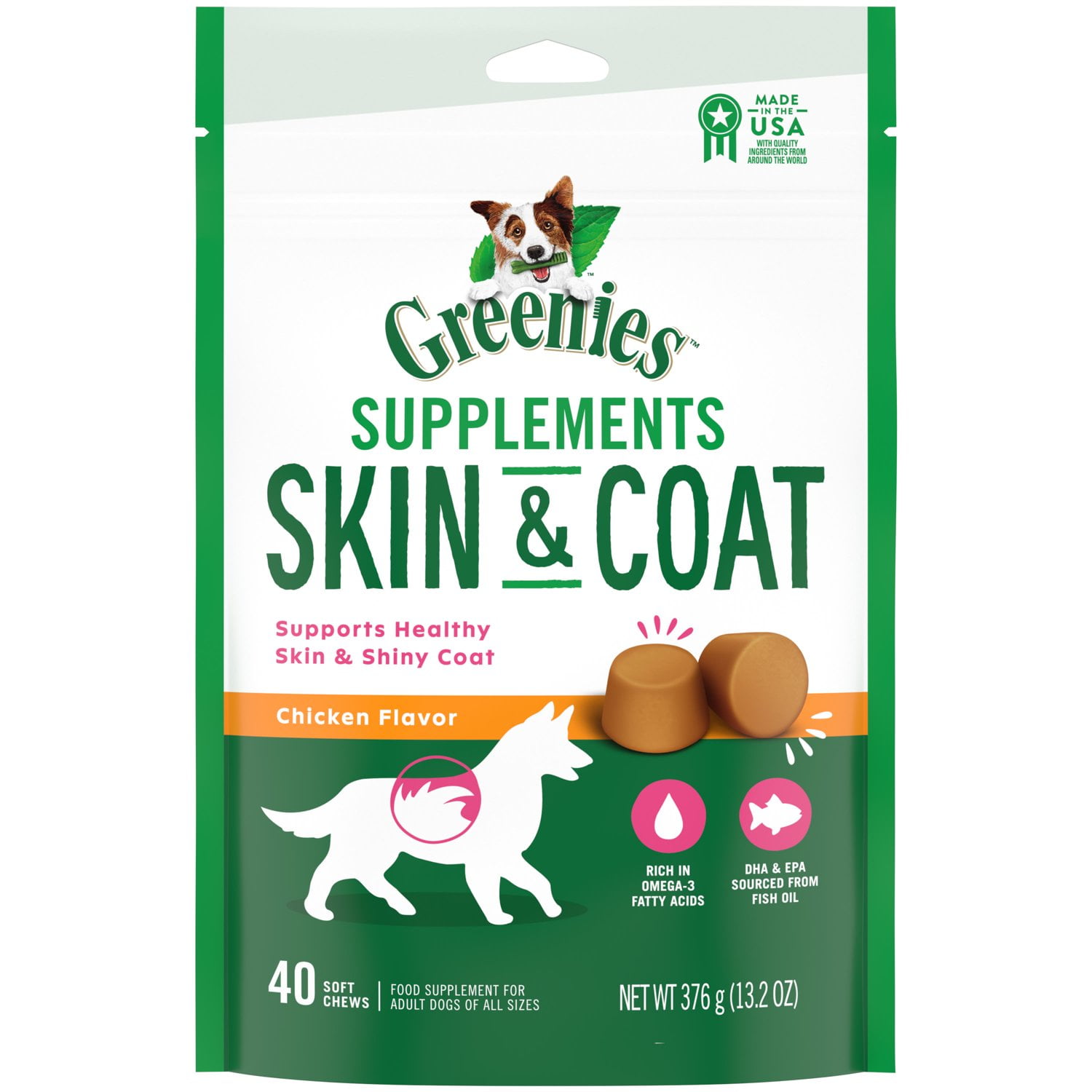 Greenies Skin & Coat Supplement Soft Chew for Dogs, Chicken Flavor, 40