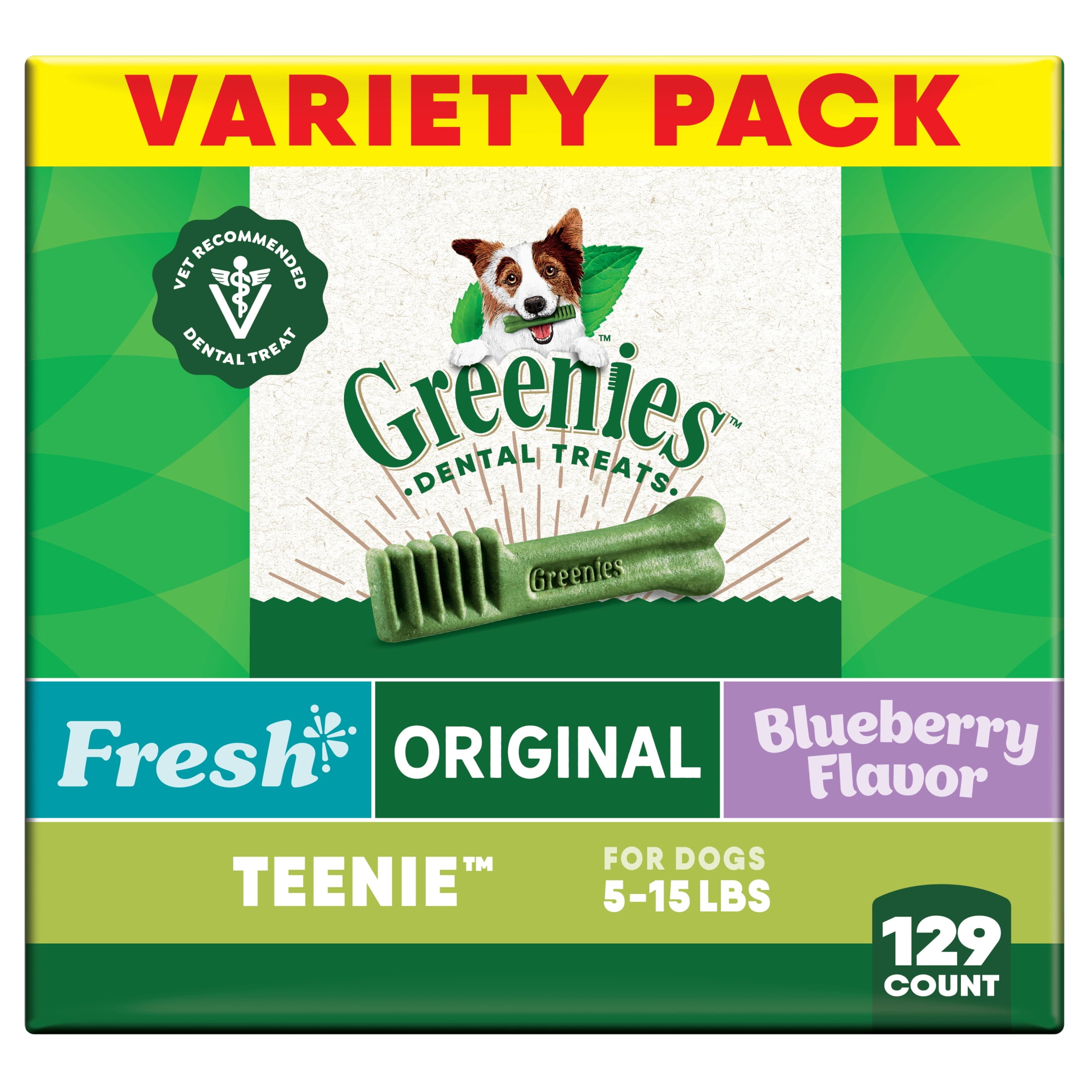 Greenies Adult Natural Dental Dog Treats 3 Flavors, Teenie Size, (3) 12 oz Packs (129 Count)