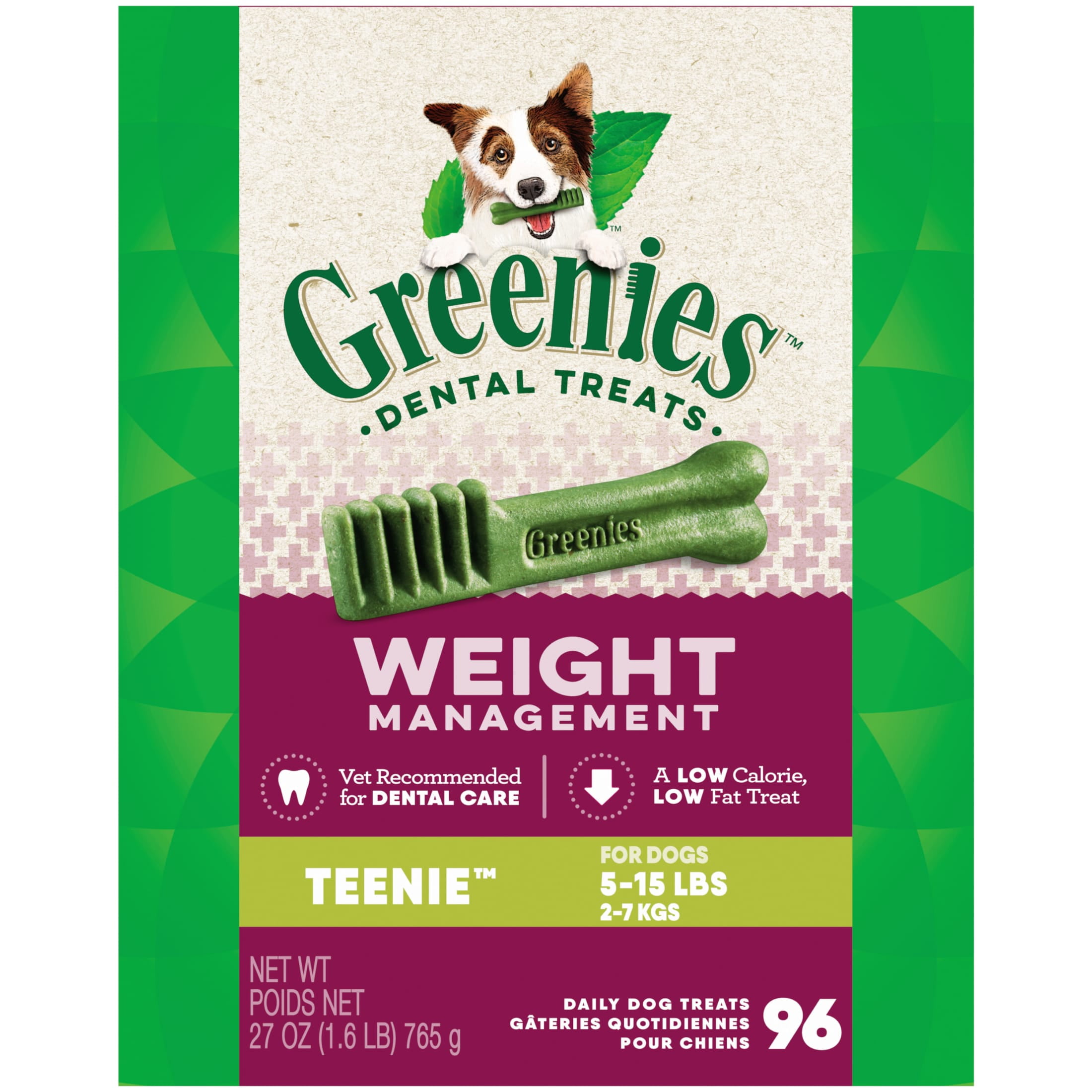 Greenies Weight Management Teenie Natural Dog Dental Care Chews Weight Control Dog Treats, 27 Oz Pack (96 Treats)
