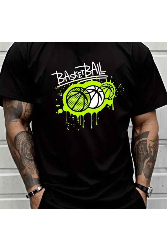 Greenink 180g T-Shirt for Men Casual Short Sleeve Round Neck Print Gift - Men's 180g Basketball Drip Tee Shirt - Casual Short Sleeve Round Neck T