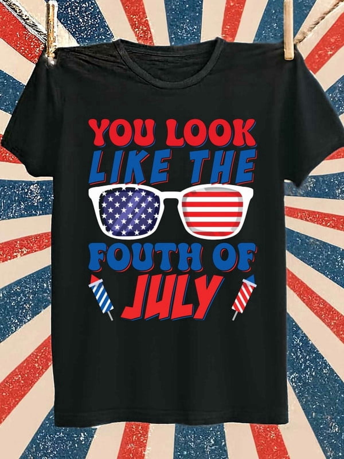 Greenink 4th of July Sunglasses T-Shirt men Crew neck T-shirts black ...