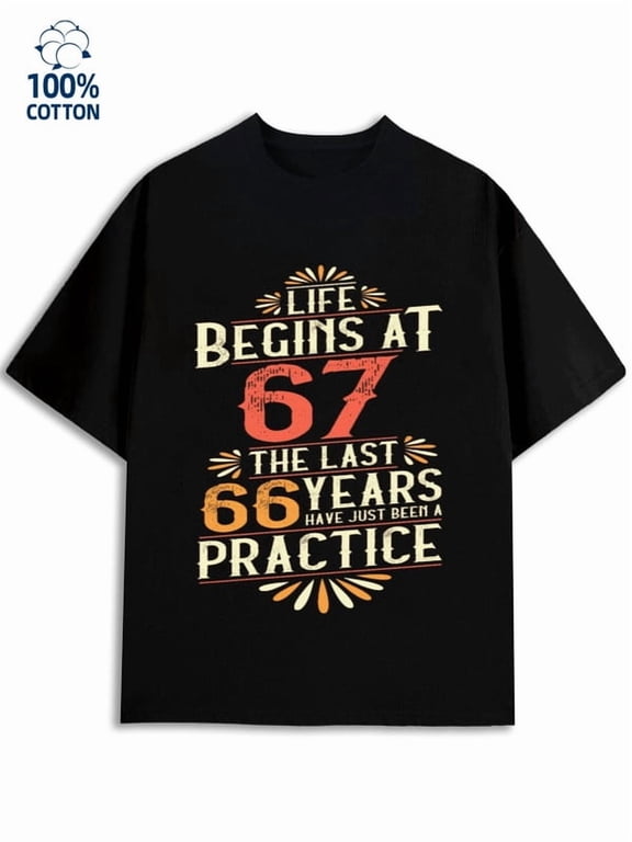 67th Birthday Tee Number Men's T-Shirt - 180G Cotton Black, Cool Funny, Year-Round, Daily/Weekend Summer Wear